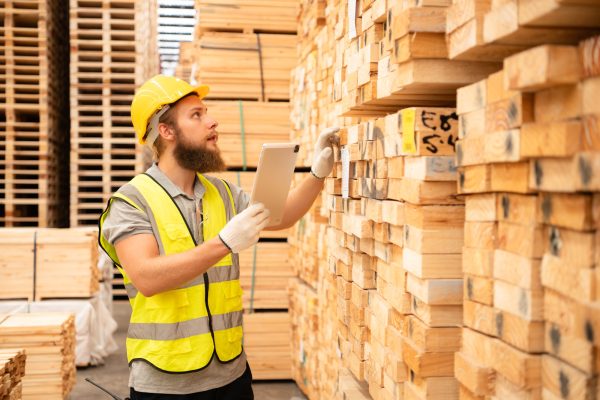 Portrait of warehouse worker checking stock of wooden pallets in storage warehouse.